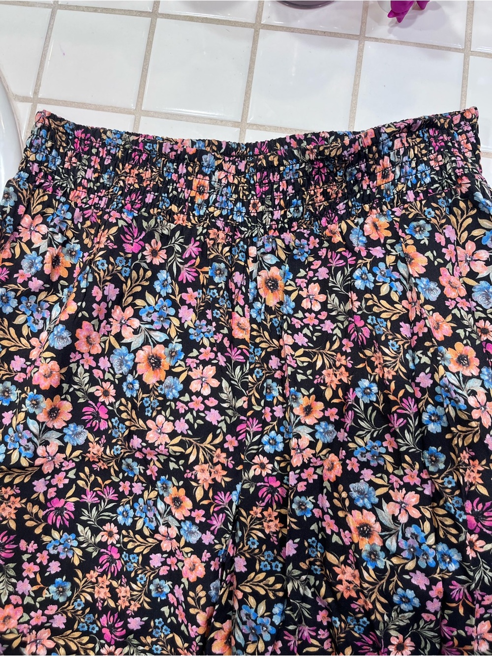 Floral Elastic-Waist Women's Boho pants Black with Pink, Blue & Orange Flowers